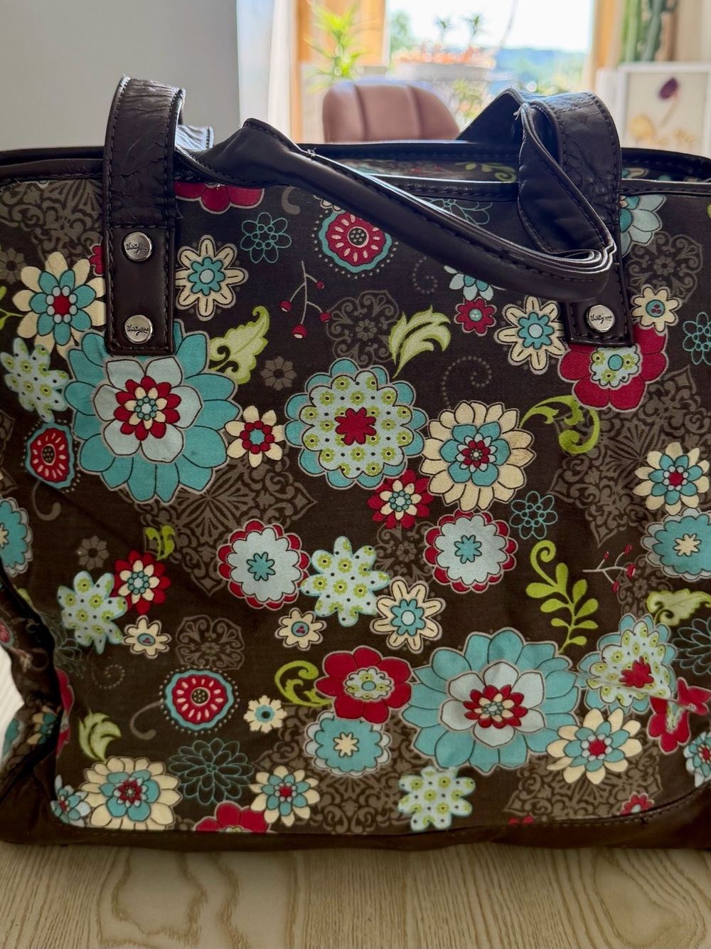 thirty-one Floral Tote in Brown, Aqua, Red and Cream